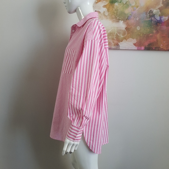 Decjuba Oversized Striped Pink White Button Up Shirt Size S NWOT - Picture 9 of 11